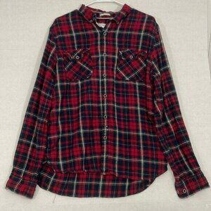 Denim & Flower Mens Flannel Shirt, Slim Fit Cotton Red & Blue, XL